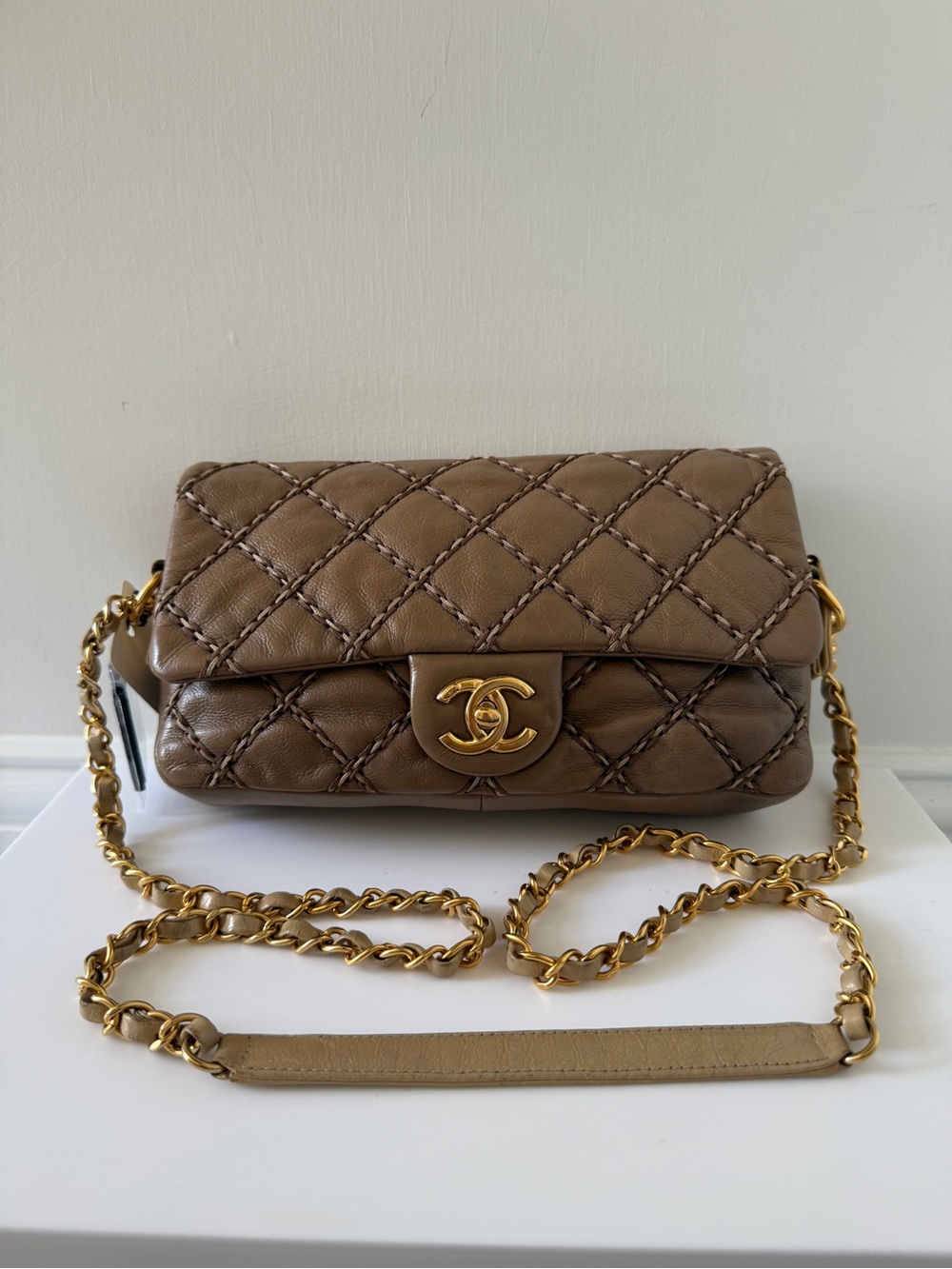CHANEL Quilted Small Flap Crossbody in Taupe Brown with Gold Hardware